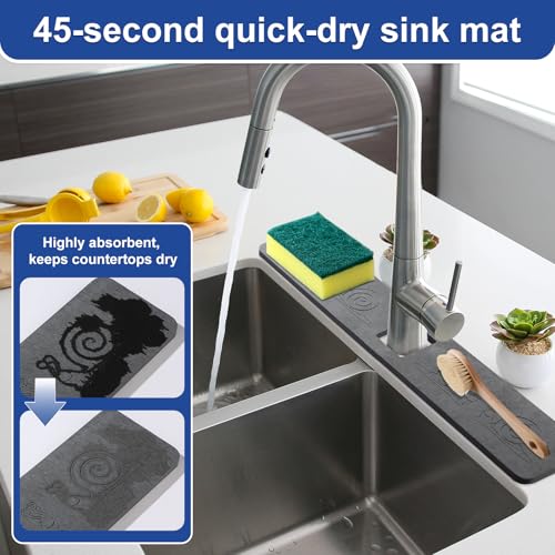 Sink Splash Guard Stone PNLLDDCN Non-Slip Diatom Mud Behind Faucet Mat For Kitche Countern & Draining Mat，Instant Drying Tray Stone For Bathroom Counter[Dark Gray, 24" X 4"] (1)