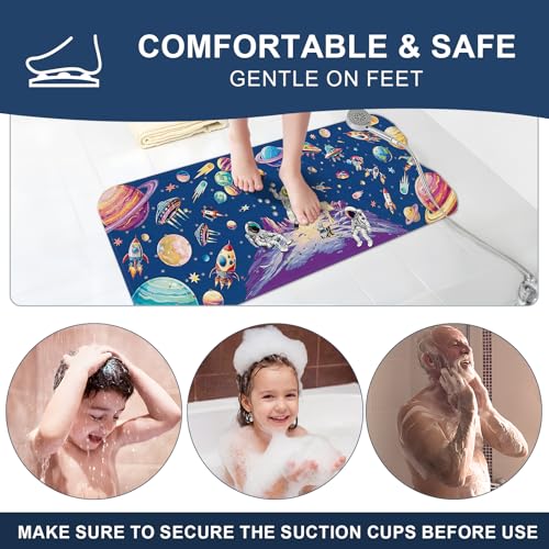 Baby Bath Mat for Tub Non Slip Kids, BPA Free Extra Long Bathtub Mat 40x16 with Drain Holes and 200 Suction Cups, Non Toxic Machine Washable Toddler Bath Mat, Eco-Friendly Certified - color: Blue Planet