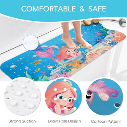 SHUCHING Mermaid Bath Mat for Tub Non Slip-40x16 Inch | Baby Bathtub Mat for Kids & Toddler Mold Free, Long Shower Mat for Inside Shower with Suction Cup, Machine Washable - color: Mermaid