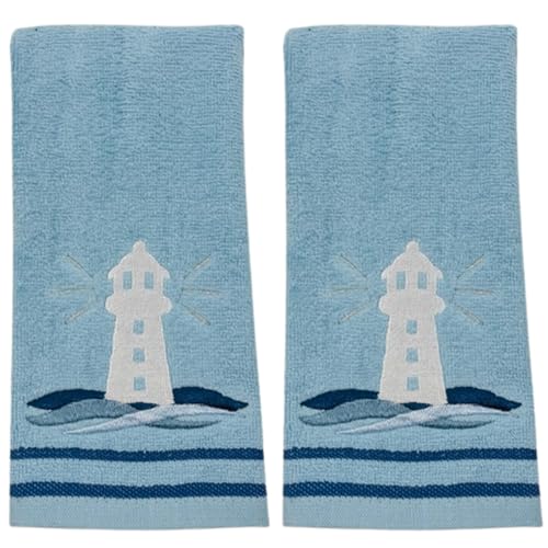 Light Blue Coastal Fingertip Bathroom Towels, Lighthouse Set of 2, 12 x18 | 100% Cotton, Embroidered "Be the Light" & Beacon, Perfect for Gift Ocean Nautical Beach Lake Seaside Bath or Kitchen Décor - color: Be the Light