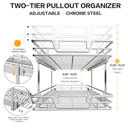2-Tier Kitchen Cabinet Pull Out Shelf and Drawer Organizer Slide Out Pantry Storaqe Basket in Multiple Sizes (16" W x 21" D) - size: 16" W x 21" D