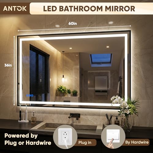 Antok 60X36 LED Bathroom Mirror with Lights, Vanity Mirror for Wall with Black Frame, Touch Control, Anti-Fog, Dimmable Lights, Shatter-Proof, Memory Function, Wall-Mounted Vanity Mirrors - size: 60"L x 36"W