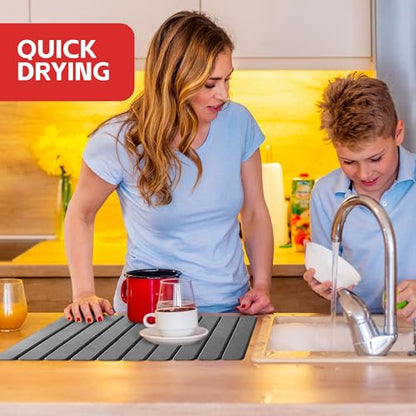 Stone Drying Mat For Kitchen Counter 24"x16" Foldable Super Absorbent Non-Slip Diatomaceous Earth Quick Dry Mat Matches Any Countertop Base for Dishes Cups Utensils Foldable Design Fast