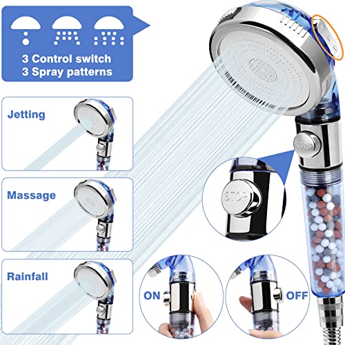 High Pressure Shower Head with Hose, REHAVE Water Saving RV Handheld Shower Head, Shower Sprayer, 3 Mode, Handheld Spray Showerheads for Dry Skin Hair Loss, Purifying Filtration Mineral Stone Beads - style: 3 Spray Settings