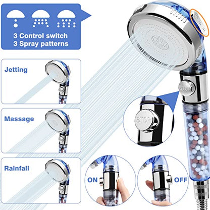 High Pressure Shower Head with Hose, REHAVE Water Saving RV Handheld Shower Head, Shower Sprayer, 3 Mode, Handheld Spray Showerheads for Dry Skin Hair Loss, Purifying Filtration Mineral Stone Beads - style: 3 Spray Settings