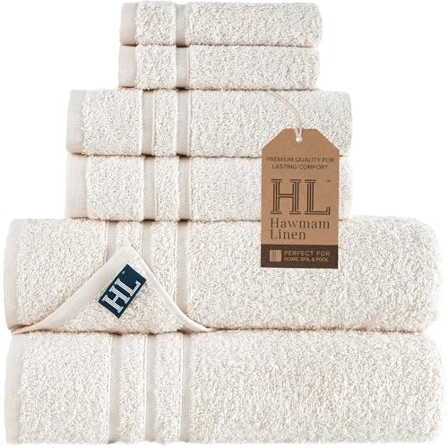 Hawmam Linen Cream 6 Piece Bath Towels Set for Bathroom Original Turkish Cotton Soft, Absorbent and Premium 2 Bath Towels, 2 Hand Towels, 2 Washcloths (Sea Salt) - color: Sea Salt, size: 6 Piece Towel Set (2 Bath, 2 Hand, 2 Wash)