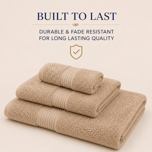 Towel Set for Bathroom, 3 Piece Turkish Cotton Bath Hand and Wash Towels | Mixed size set in Taupe Quartz, 600 gram weight. Double stitched hems suit family and guest use. - color: Taupe Quartz