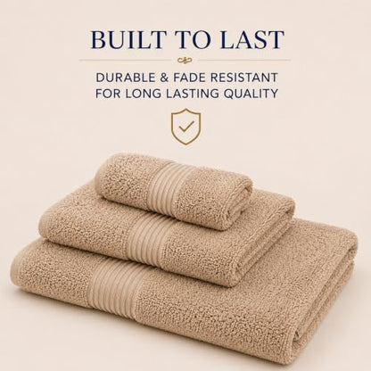 Towel Set for Bathroom, 3 Piece Turkish Cotton Bath Hand and Wash Towels | Mixed size set in Taupe Quartz, 600 gram weight. Double stitched hems suit family and guest use. - color: Taupe Quartz