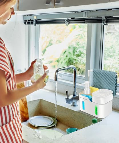 Hand Soap and Dish Soap Dispenser Set for Kitchen, Dual Soap Dispenser with Sponge Holder and Dishcloth Holder 4-in-1 Organizer for Kitchen Sink Countertop, Useful Kitchen Gadgets (White) - color: White