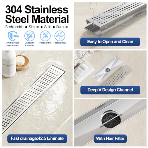 Neodrain 12" Linear Shower Drain, Brushed 304 SS Bathroom Linear Drain,cUPC | Brushed Nickel Shower Drain with Quadrato Grate& Adjustable Feet, Long Rectangle Shower Floor Drain in Bathroom, Balcony etc - color: Brushed Nickel, size: 12 In