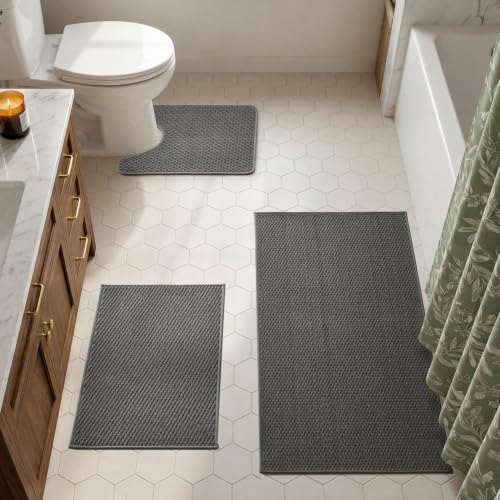 TYUU Bath Mat Set 3 Piece, Bathroom Rugs Non Slip Washable & Toilet Mat | Non Slip Quick Dry Low Pile Bathroom Mats, Washable Bath Rugs 3 Pc: 16x24, 24x47 Rug & Toilet Mat 20x24 in. Dark Grey - color: Dark Grey, size: 16"x24" + 24"x47" + 20"x24" U Shape