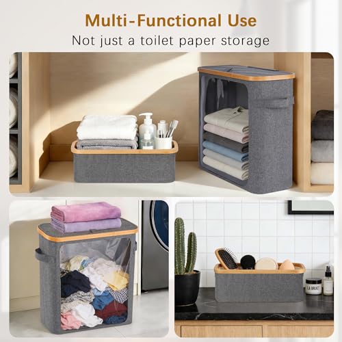 Livole Toilet Paper Storage Basket with Lid & Toilet Tank Basket | Free Standing, Large Capacity for 20 Regular Rolls or 15 Mega Rolls, Dual Handles, Clear Window, Bathroom, Grey - color: Grey
