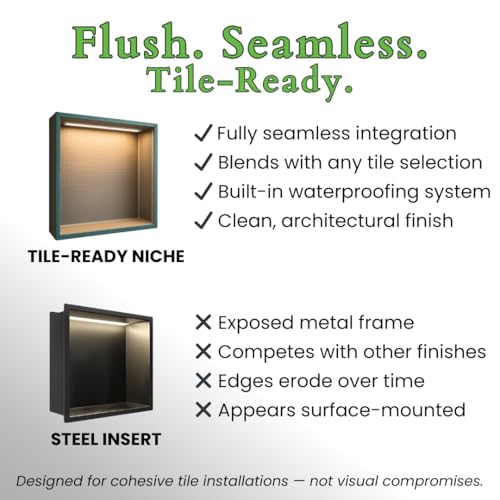 LED Light Shower Niche, Tile-Ready with Integrated Lighting, Prefab Waterproof Foam, Modern Storage for Bathroom Remodels, Soft Warm Light, Niche Douche, Square, 14x14 Inches - size: 14x14