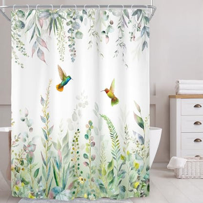 Sage Green Eucalyptus Spring Hummingbird Plants Bathroom Shower Curtain Set | 54"W x 78"H Botanical Leaves; waterproof HD print, quick-dry fabric with 12 free hooks for easy hanging. - color: A-sage Green, size: 54"W x 78"L (Pack of 1)