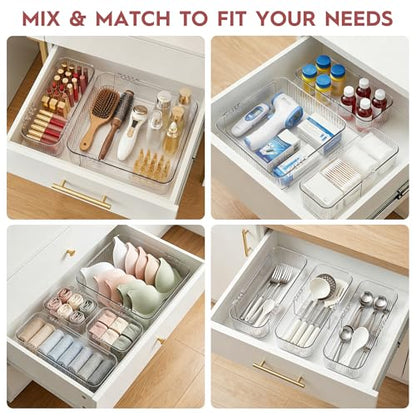 Expandable Drawer Organizer Set, Clear Adjustable Drawer Dividers, 4-Piece Storage Trays for Kitchen, Bathroom, Makeup, Office, Durable PET Material
