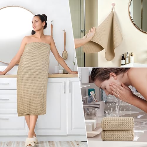 POLYTE 430 GSM Poly Blend Microfiber Quick Dry Waffle Bath Towel Set of 6 | 2-Body Towels, 2-Hand Towels, 2-Wash cloths, Oversize, Lint Free - color: Beige
