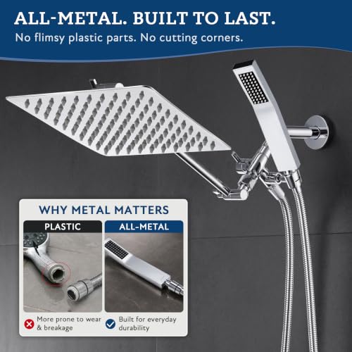 G-Promise All Metal 10" Dual Square Shower Head Combo | Rain Shower Head | Handheld Shower Wand | Adjustable | Smooth 3-Way Diverter | 71" Extra Long Hose - A Bathroom Upgrade (Chrome) | Built to Last, Easy Install, Adjustable Height & Angle for All Heigh