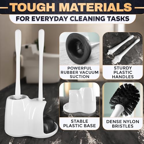 2 in 1 Toilet Plunger and Brush Set White, 9.3×6.3×15.2 in | Toilet Brush and Plunger Set White with Stiff Bristles, Strong Vacuum Suction and Holder, Easy to Place and Simple to Store - color: White With Plunger