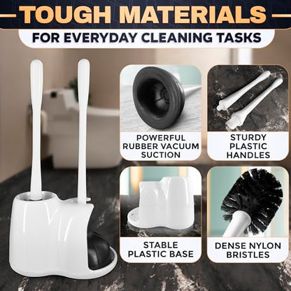 2 in 1 Toilet Plunger and Brush Set White, 9.3×6.3×15.2 in | Toilet Brush and Plunger Set White with Stiff Bristles, Strong Vacuum Suction and Holder, Easy to Place and Simple to Store - color: White With Plunger