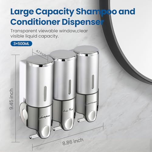 EXIN DECHEN Shampoo and Conditioner Dispenser(Triple x 16.9 oz,Silver) | Easy Installation,Wall-Mounted,Bottle Separable,Large Capacity,Shower Shampoo Conditioner Body Wash Dispenser for Bathroom - color: Silver