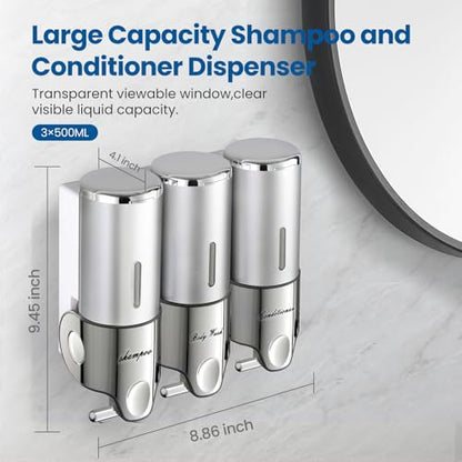 EXIN DECHEN Shampoo and Conditioner Dispenser(Triple x 16.9 oz,Silver) | Easy Installation,Wall-Mounted,Bottle Separable,Large Capacity,Shower Shampoo Conditioner Body Wash Dispenser for Bathroom - color: Silver