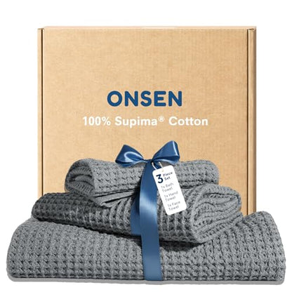 ONSEN Supima® Waffle Bath Towel Set, Quick Dry Lint Free 100% USA Cotton, Bath Hand and Face Towel Bundle, 3 Piece (Cinder Grey, Bath Towel Set) - color: Cinder Grey, size: Bath Towel Set