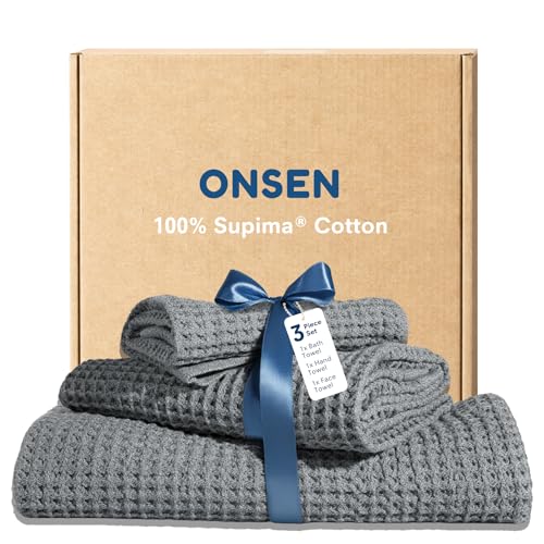 ONSEN Supima® Waffle Bath Towel Set, Quick Dry Lint Free 100% USA Cotton, Bath Hand and Face Towel Bundle, 3 Piece (Cinder Grey, Bath Towel Set) - color: Cinder Grey, size: Bath Towel Set