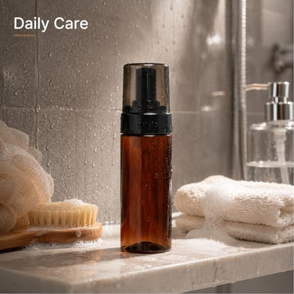 5 Packs 120ml (4oz) Amber Plastic Foam Pump Bottles with Black Foaming Dispenser Refillable Travel Mousse Bottles with Clear Black Caps for Facial Cleanser, Soap, Shampoo, Skincare