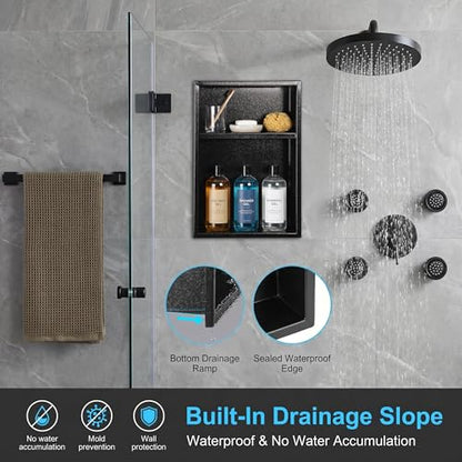 304 Stainless Steel Shower Niche 12” x 18” for Bathroom Storage | Matte Black Recessed Shower Niche No Tile Needed with 2-Tier Shelves for Bathroom Space Saving - size: 12 x 18 inch