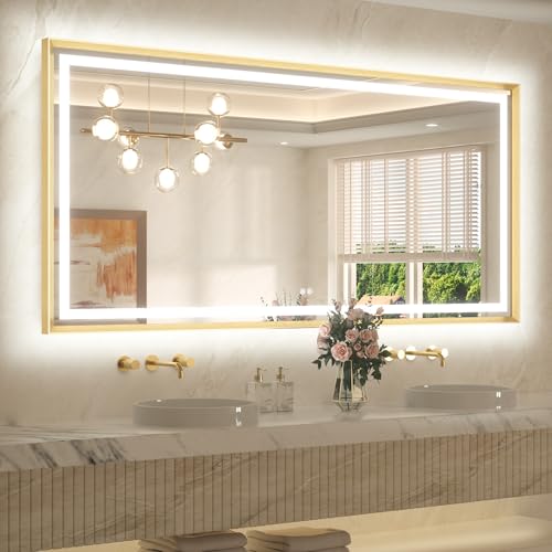 72 x 36 Large Bathroom Mirror Brushed Gold Metal Frame Frontlit & Backlit Vanity Mirror 3 Colors White/Warm/Natural Stepless Dimmable Anti-Fog Bathroom Mirrors for Vanity Wall-Mounted - color: Brushed Gold, size: 36"L x 72"W