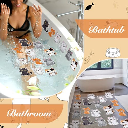 Yaomiao 24 Pcs Cat Bathtub Non Slip Stickers Bathroom Tubs Anti Slip Decal | Shiny, Sparkle, Glitter, Peva, 4.53inch, Easy Apply, Scraper, No Residue, for Shower Stairs Floor, Safety,Cute, Grip - style: Cat