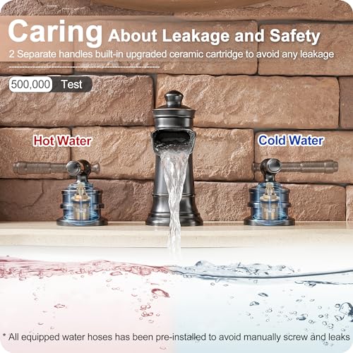 Oil Rubbed Bronze Bathroom Faucet, Brass Waterfall Faucet Widespread Bathroom Sink Faucet 3 Hole, 4-16 Inch Bathroom Faucets with Pop Up Drain 2 Handle & Supply Hose for Hotel Farmhouse Antique - color: Oil Rubbed Bronze - Farmhouse