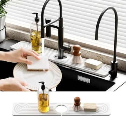 Quick Dry Sink Splash Guard - 15.8" Quick Drying Diatomite Earth Faucet Mat | Faucet Mat for Kitchen Sink, Water Absorbent Diatomaceous Earth Stone Sink Tray for Bathroom Counter - White