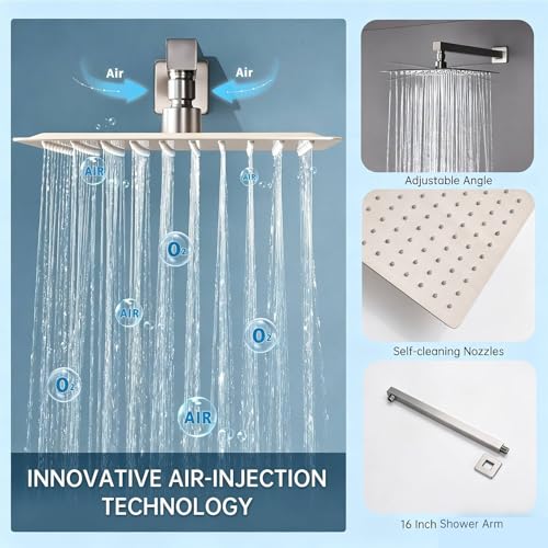 Dual Rainfall Shower Head System Brushed Nickel, 3-Function Push Button Shower Faucet Set with 12" Wall Mount Rain shower head and 6" Wall Mount Shower Head, Pressure Balance Rough-in Valve - color: Brushed Nickel, style: Wall Mount
