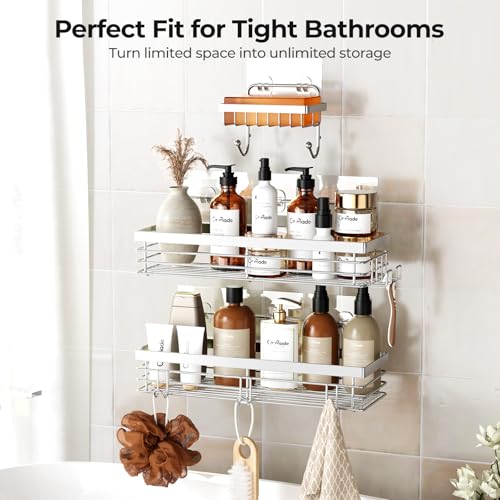Orimade Adhesive Shower Caddy Soap Dish Holder Shelf with 5 Hooks Bathroom Organizer Basket Kitchen Storage Rack Wall Mounted No Drilling Stainless Steel - 3 Pack,Silver - color: Silver - 2 Pack with Soap Dish