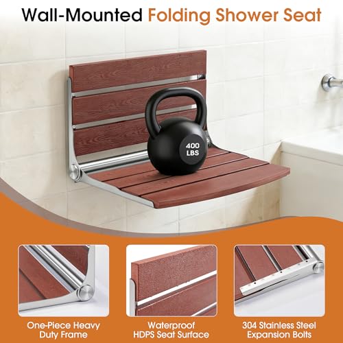 20" Folding Shower Seat, Fold Down Shower Seat Wall Mounted, Stainless Steel Frame with HDPS Seat, 400 lb Load Capacity, Folding Shower Bench for Seniors & Elderly (Red) - color: Red