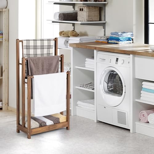 Giantex 3 Tier Free Standing Towel Rack with Storage Shelf, Rustic Brown | Wood Bath Towel Drying Stand, Blanket Holder for Living Room, Laundry, Bathroom, Poolside, 18" L x 9" W x 34" H - color: Rustic Brown