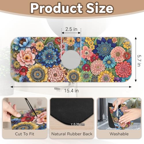 Kitchen Sink Splash Guard Faucet Mat Boho Flowers 1PC Super Absorbent Fast Drying Faucet Guard & Draining Mat Sink Splash Guard Behind Faucet Drip Catcher for Kitchen Bathroom RV (15.4" X 5.7" ) - size: 15.4" X 5.7"-1PC