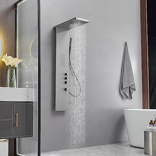 BWE Stainless Steel Shower Panel Tower System 3 IN 1 Brushed Nickel | Shower Panel - Rainfall Shower Head and Handheld with Massage Body Jets - Wall Mount - color: Brushed Nickel