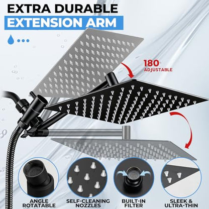 Shower Head, 8 inch Multifunction High Pressure Rain Shower Head with Handheld Spray Combo with 11'' Angle Adjustable Extension Arm/Flow Regulator/Shower System Matte Black - color: Black, size: 8 Inch
