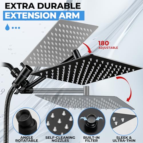 Shower Head, 8 inch Multifunction High Pressure Rain Shower Head with Handheld Spray Combo with 11'' Angle Adjustable Extension Arm/Flow Regulator/Shower System Matte Black - color: Black, size: 8 Inch