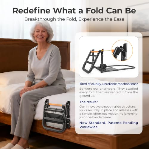 C1 Fold Pro Bed Rails for Elderly Adults Safety - Bed Cane Assist Rail for Seniors with Activated Light Adjustable Height - size: C1F Pro (Foldable NEW)