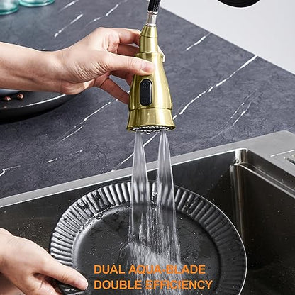 TIORIY Kitchen Faucet Head Replacement with 15 Adapters, 3 Modes Kitchen Faucet Sprayer Replacement Head, Pull Down Kitchen Faucet Spray Nozzle, Brushed Gold - color: Brushed Gold