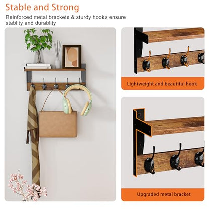 Wall Hooks with Shelf, Wood Coat Rack with Shelf Wall-Mounted, Entryway Hanging Shelves with 5 Metal Hooks for Clothes Hats Towel Purse Robes, Bathroom Mudroom Bedroom, Rustic Brown - size: 16 inch Long