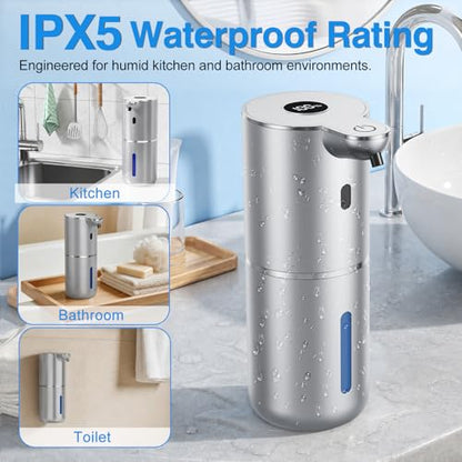 Fachixy Automatic Liquid Soap Dispenser Touchless, Smart Digital Display | 12.8oz/380mL, Up to 90 Days Battery Life, 6 Adjustable Level, Rechargeable, Wall Mountable IPX5 for Kitchen & Bathroom,Silver - color: Silver, style: Liquid