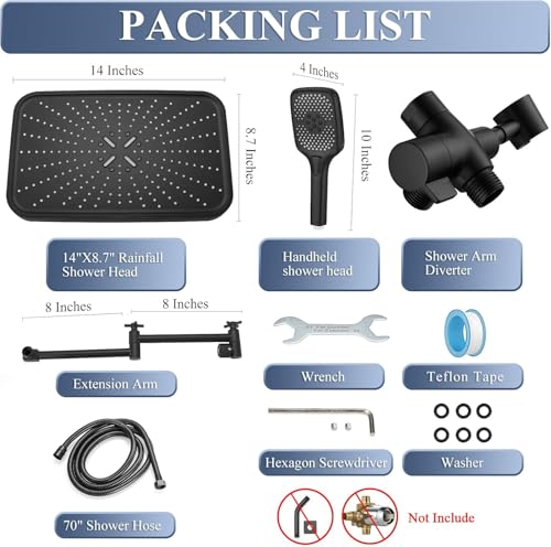 14 Inch Large Shower Head with Handheld Spray Combo and Extention Arm, Rain Rainfall Waterfall High Pressure Shower Heads, Modern Showerhead with 3-Way Diverter - Height/Angle Adjustable(Matte Black) - color: Black, size: 14 Inch