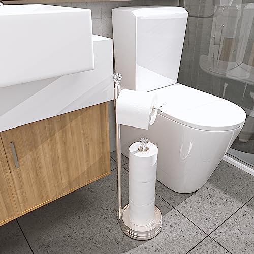 KASUNTO Toilet Paper Holder for Bathroom, Heavy Weighted Metal Free Standing Toilet Paper Holder Stand with Crystal Ball, Toilet Paper Roll Stand for Bathroom Accessories - color: C- Brushed Nickel