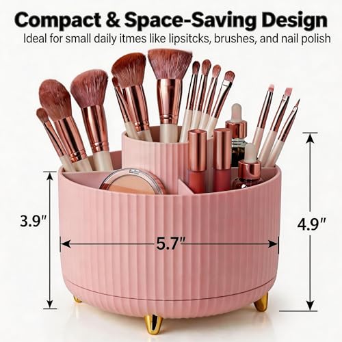 360 Rotating Makeup Brush Holder Organizer, 5-Slot Pink Spinning Cup for Women, Vanity Desk & Bathroom Storage for Cosmetics and Beauty Tools Accessories
