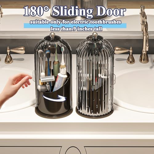Toothbrush and Toothpaste Holders with Cover, Grey Black | Waterproof and Dustproof, 360° Rotating Base, Smooth Sliding Door, 3 Slots, for Bathroom Countertop - color: Grey Black