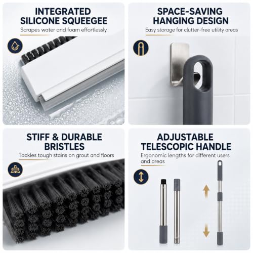 3-in-1 Floor Scrub Brush with Long Handle, Stiff Bristles & Squeegee | Stiff PP bristles, V-shaped corner brush, and silicone squeegee for shower tile, concrete, patios, and garages